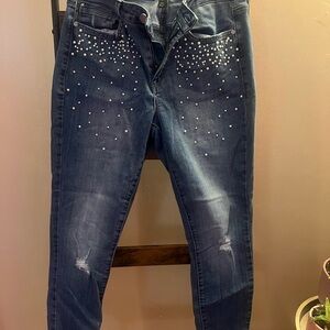 Seven7 Dark Blue Skinny Jeans with Pearl Embellishments
